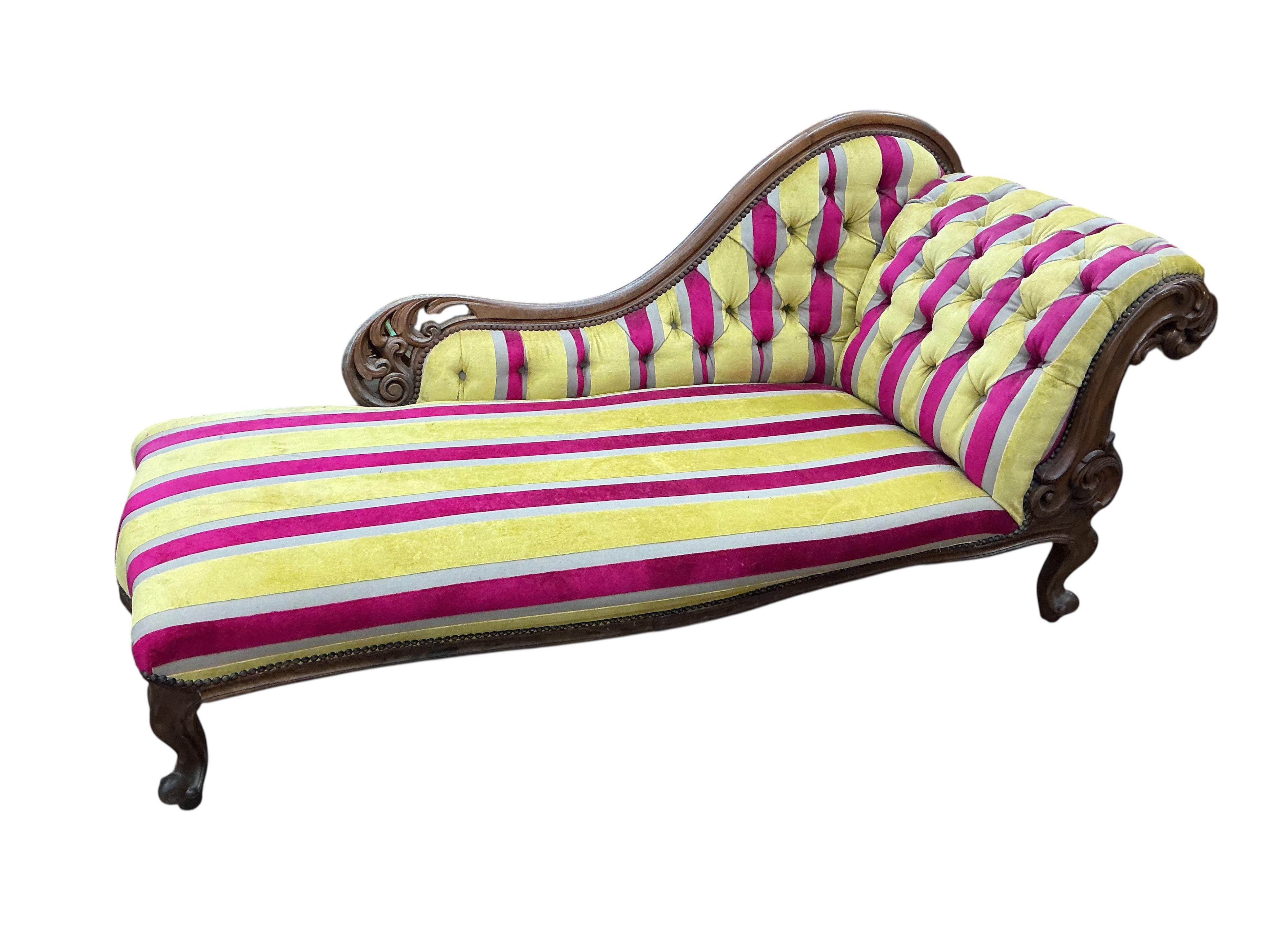 A Victorian mahogany scroll end chaise longue, width 180cm, depth 70cm, height 85cm